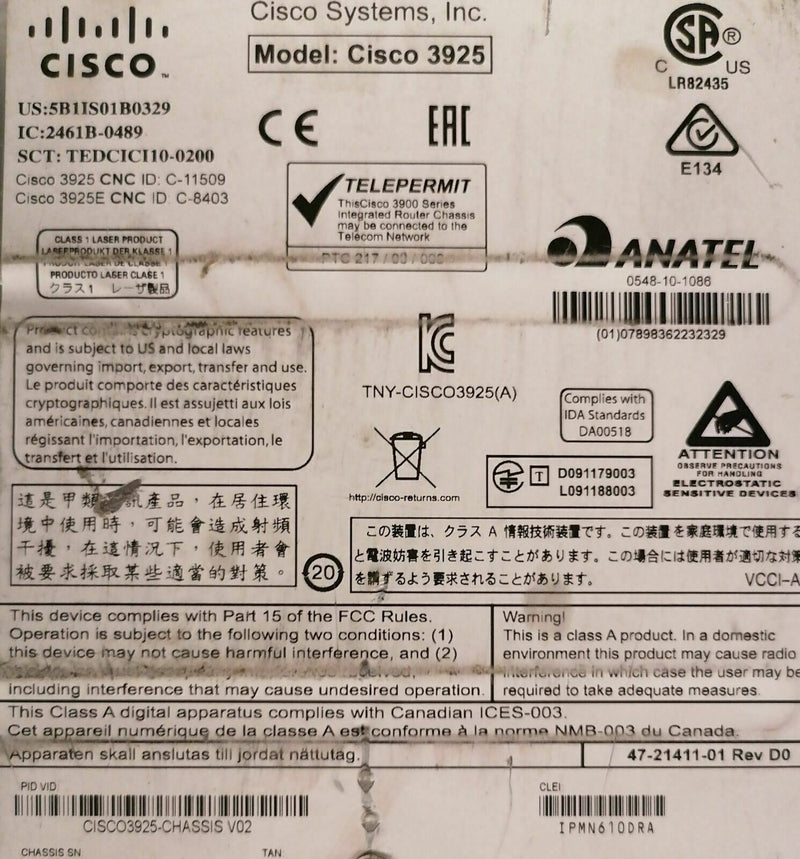 🔌 Routeur Cisco 3925 C39000-SPE200/K9 Testé Avec Câble D'Alimentation 🔌 Cisco